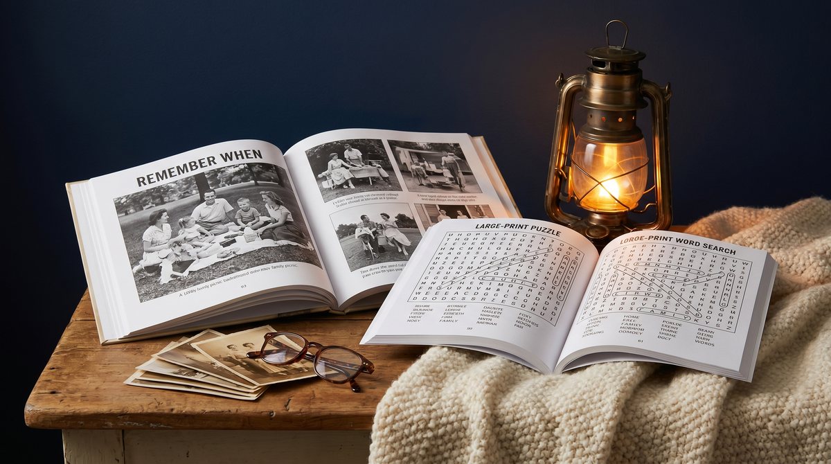 A large-print nostalgia book and word search puzzle open beside a glowing lantern, vintage photographs and reading glasses on a soft blanket.