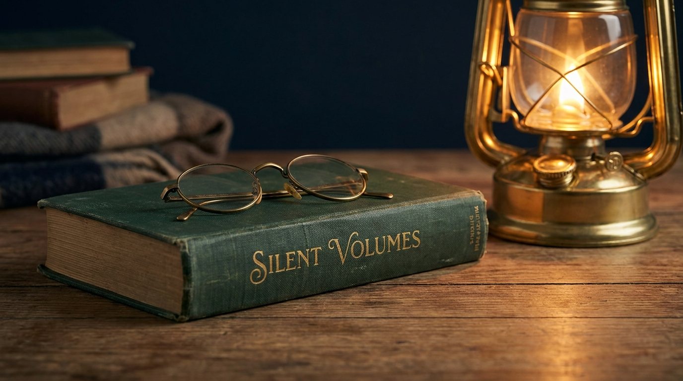 A green clothbound hardback book with brass reading glasses resting on top, beside a glowing brass lantern and a small stack of books, warm amber light on a navy background.