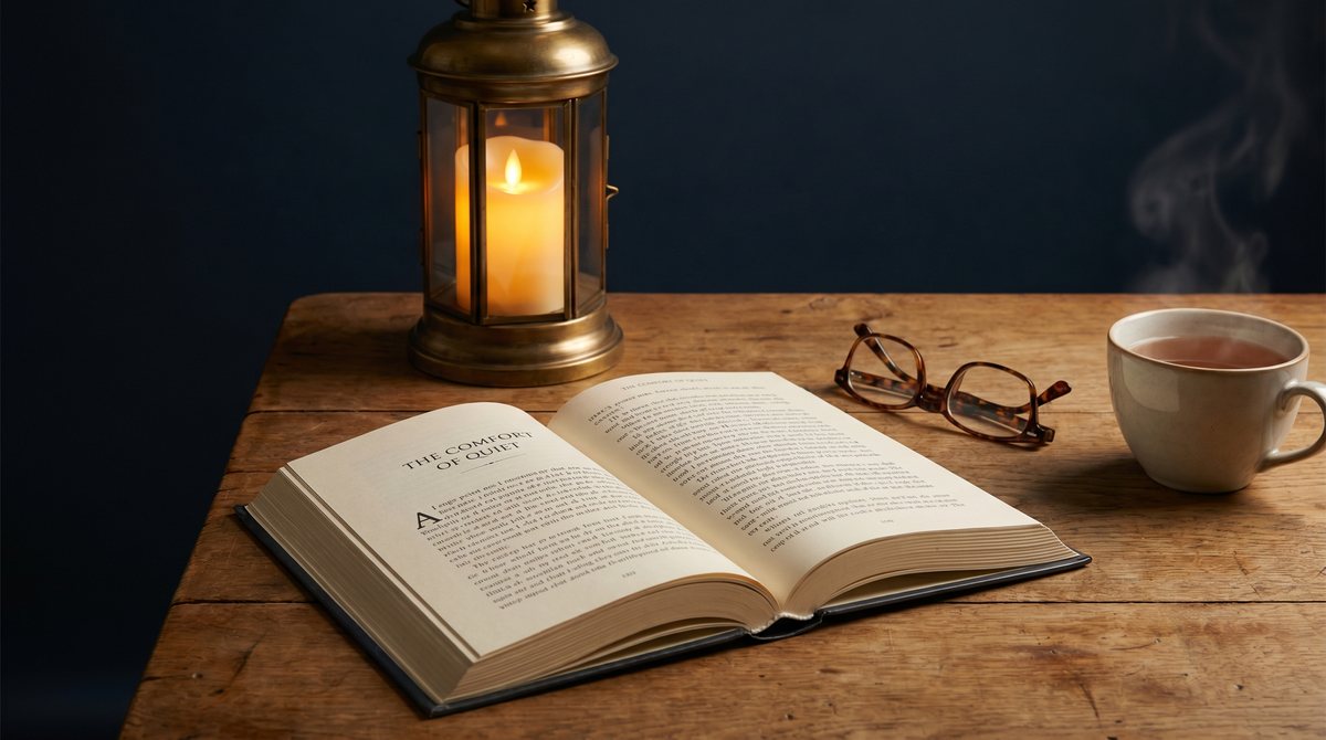 An open large-print book beside a glowing brass lantern, reading glasses and a cup of tea on a wooden table.