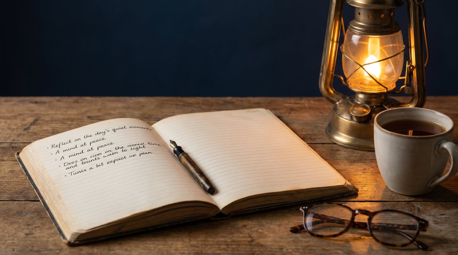 An open reflection workbook with a pen, tea and reading glasses beside a glowing brass lantern, warm amber light on a navy background.